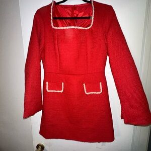 Red Long Sleeve Dress with White Trim